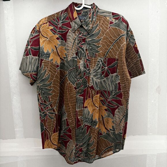 Vintage 80s CHAPS Ralph Lauren Mens Medium Red Brown Floral Aloha Camp Shirt - Picture 1 of 5
